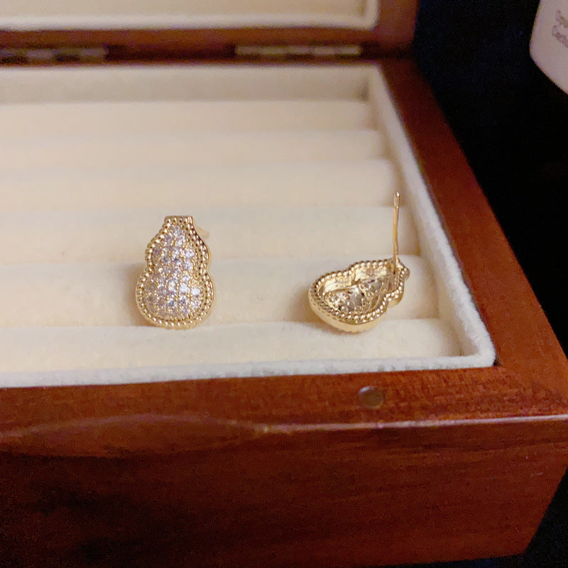 14K Gold-Plated Luxury Full-Zircon Gourd Stud Earrings – Floral Design