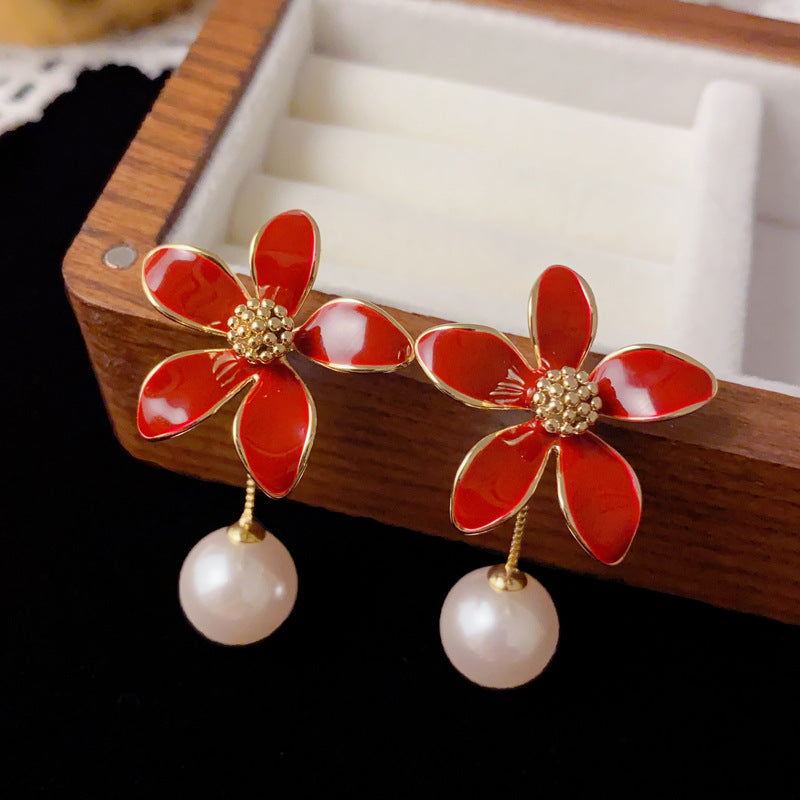Luxury Red Enamel Petal Pearl Drop Earrings – Floral Design
