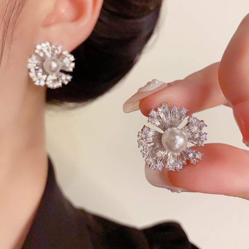 Elegant Metal Zircon & Pearl Petal Stud Earrings – Floral Design