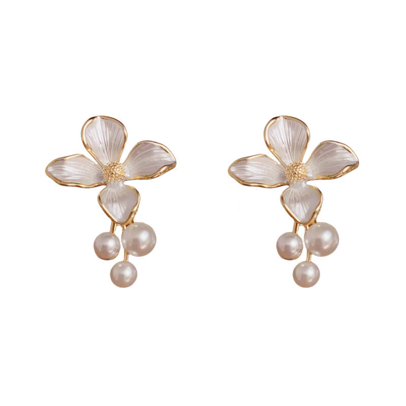 Enamel-Coated Flower Petal & Pearl Drop Gold Earrings - Elegant Design