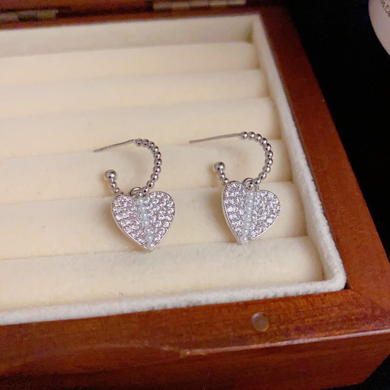 14K Gold Full Zircon Pearl Heart Earrings – Elegant Romantic Design