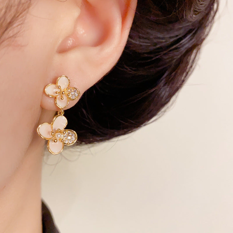 14K Gold-Plated Pink Flower Drop Earrings – Elegant Korean Style