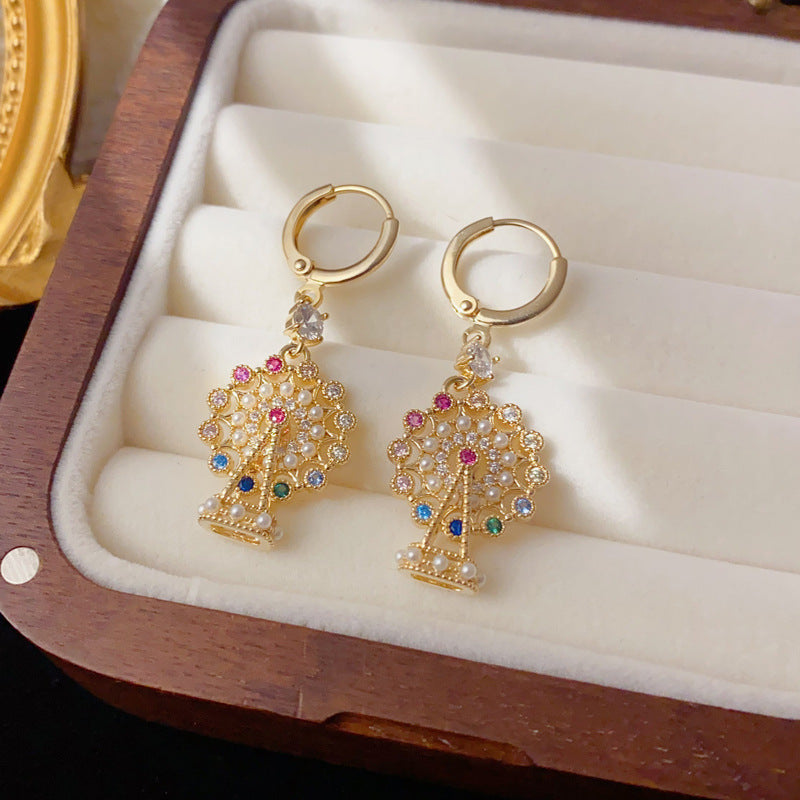 Luxury Full-Zircon Pearl Ferris Wheel Drop Earrings – Geometric Design