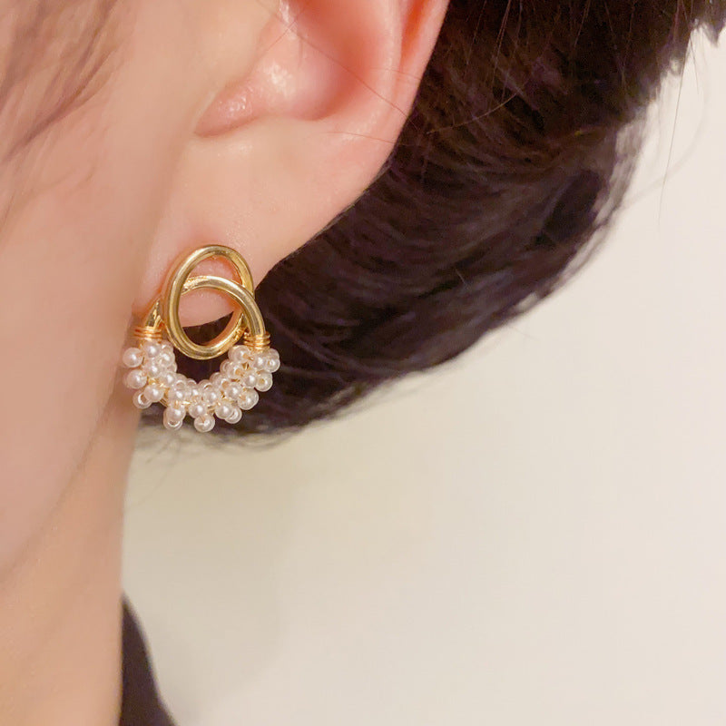 French vintage Pearl Geometric Stud Earrings – Silver Needle Design