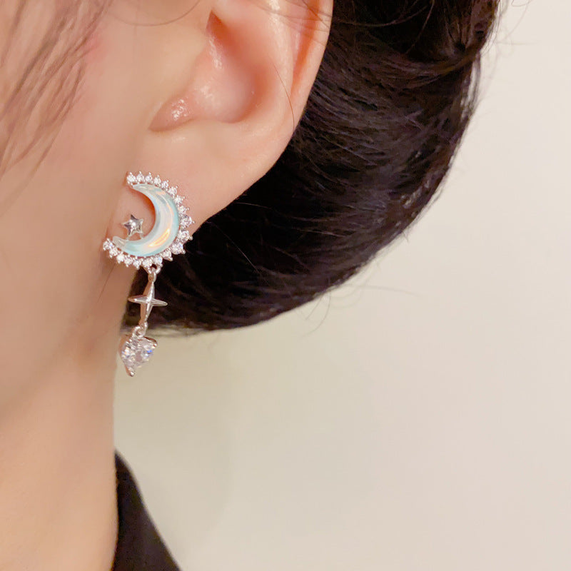 Zircon Star-Moon Asymmetric Tassel Drop Earrings – Elegant Design