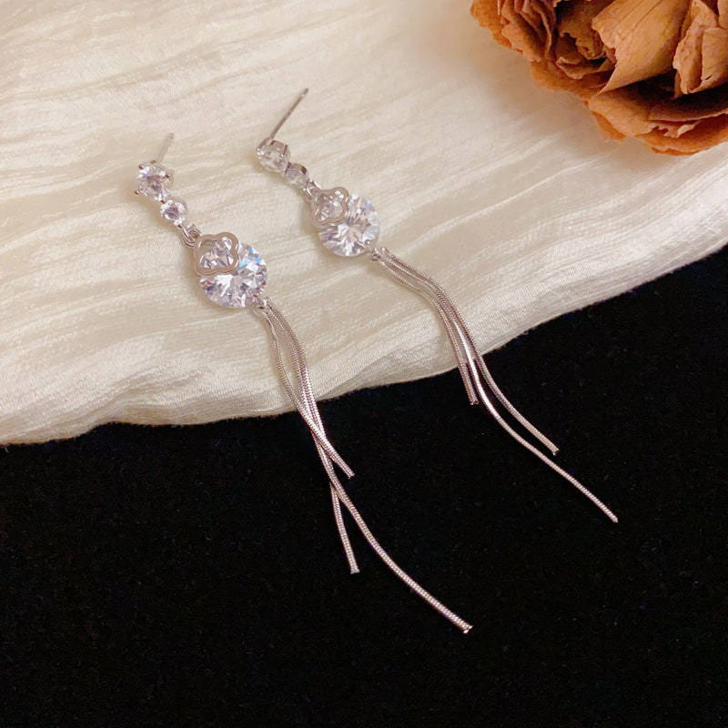 Elegant Diamond Long Tassel Drop Earrings – Floral Design