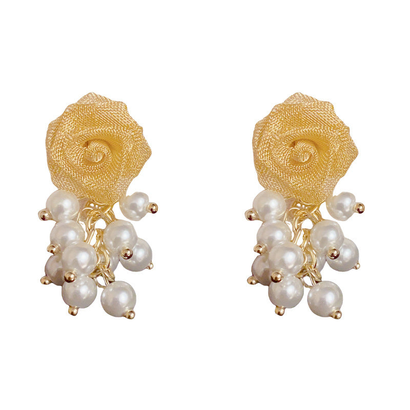 Luxury Mesh Rose & Pearl Tassel Drop Earrings – Elegant Floral Design