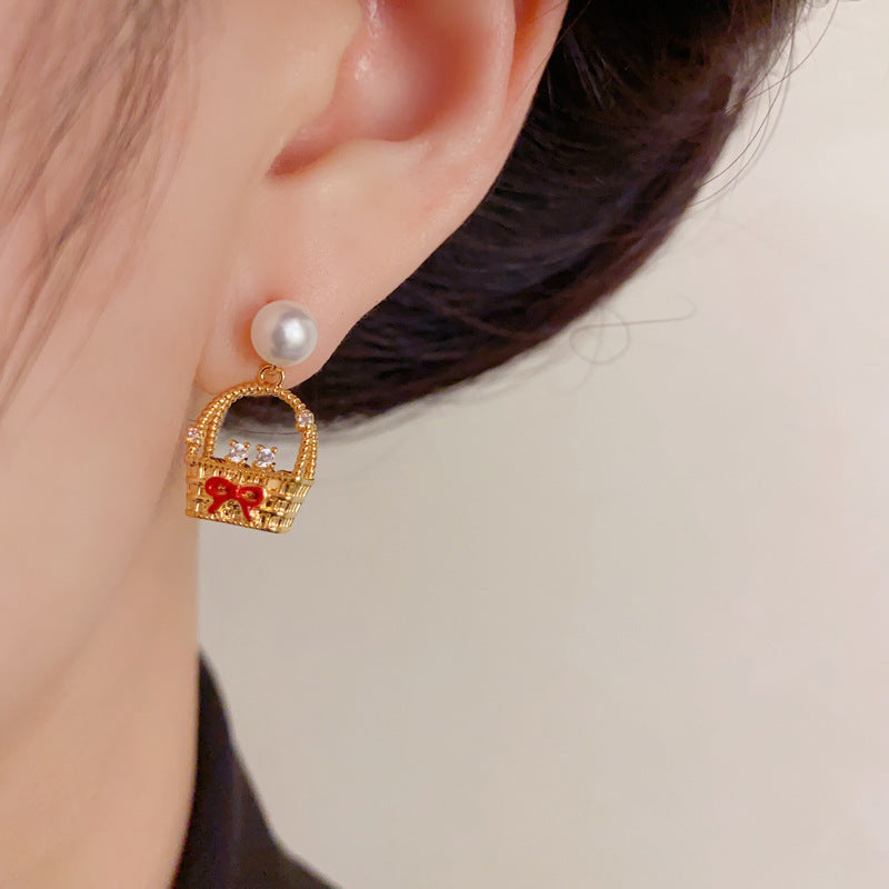 Luxury Pearl & Zircon Woven Basket Drop Earrings – Minimalist Design