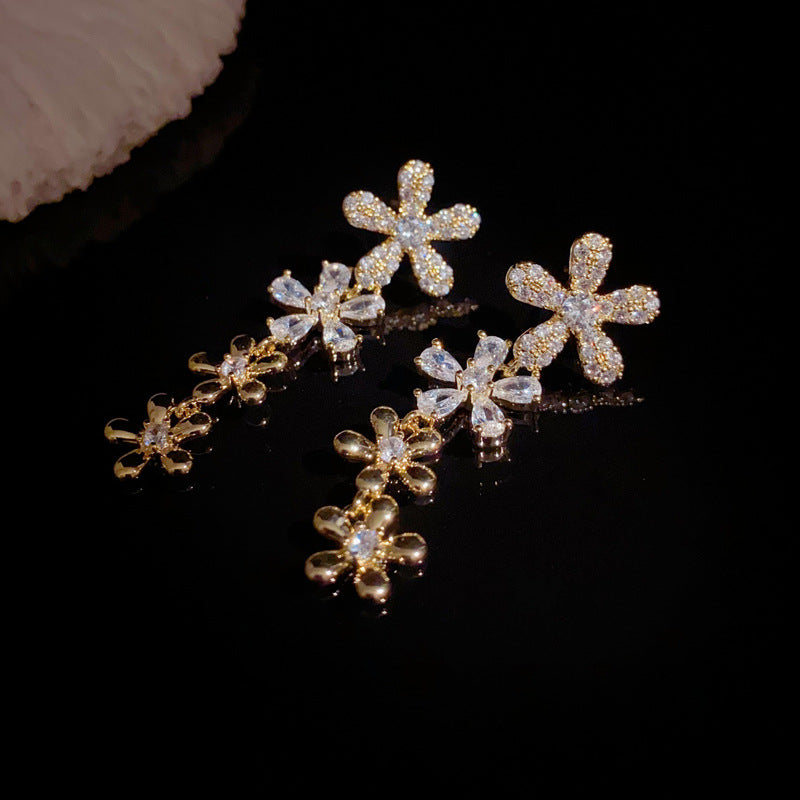 14K Gold Full Zircon Flower Tassel Earrings – Elegant Sweet Style
