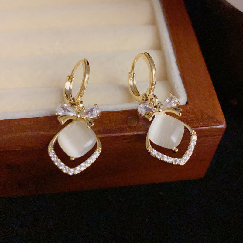 14K Gold Butterfly Bow Cat’s Eye Diamond Hoop Earrings– Elegant Design