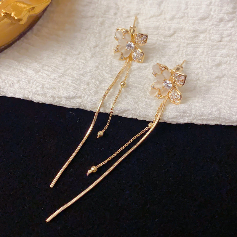 Elegant Zircon Petal Tassel Drop Earrings – Long Fringe Design