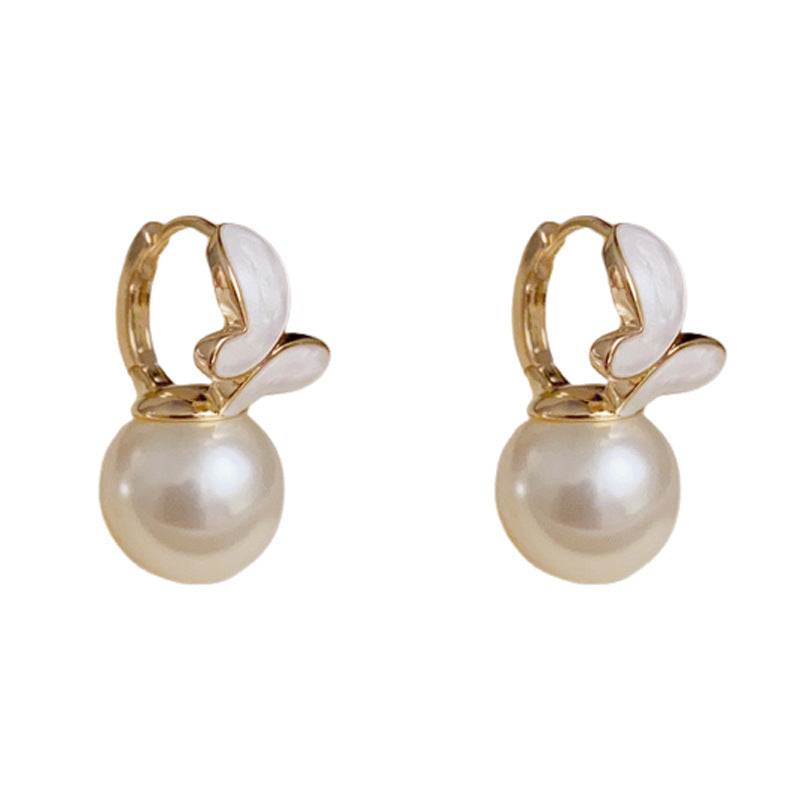 14K Gold Enamel Butterfly Pearl Huggie Earrings – Sweet & Chic Design