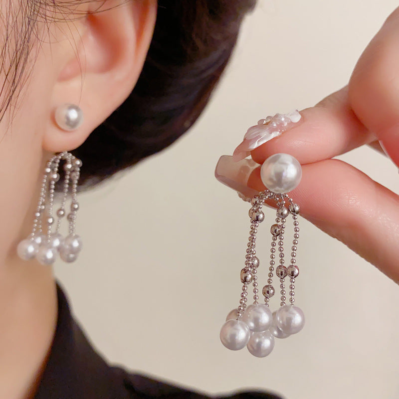 Elegant Two-Way Pearl Tassel Drop Earrings – Long Fringe Design