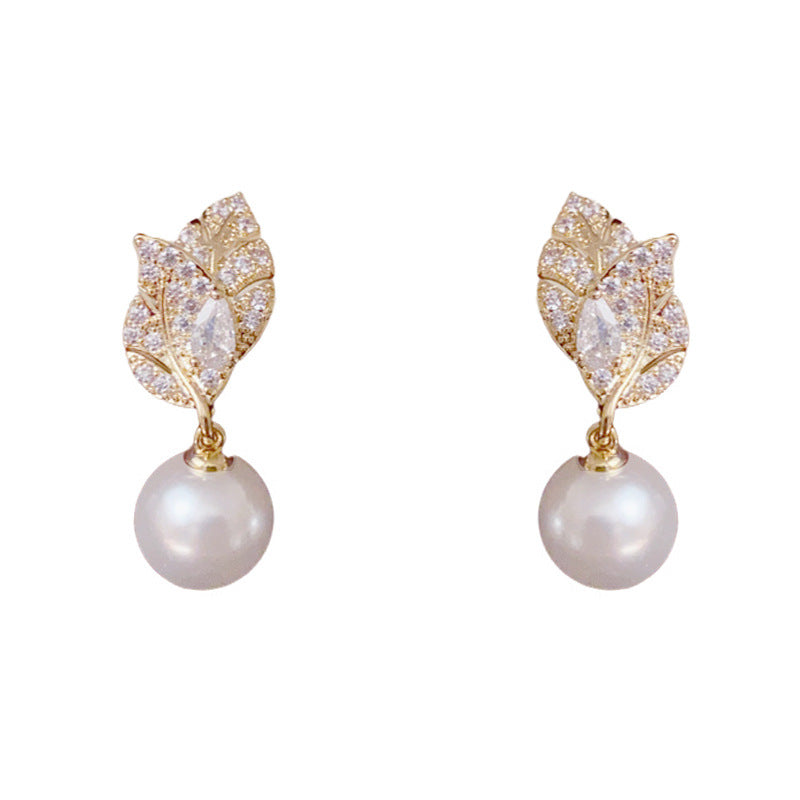 Luxury Full-Zircon Leaf & Pearl Drop Elegant Earrings – Floral Design