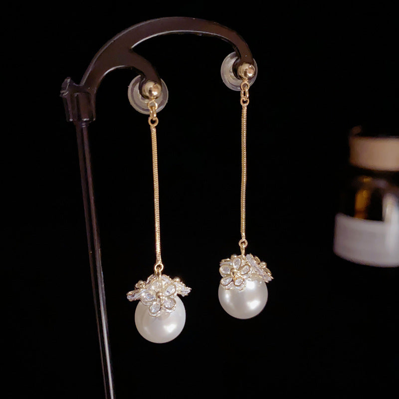 14K Gold-Plated Zircon Flower Pearl Tassel Earrings – Elegant Design