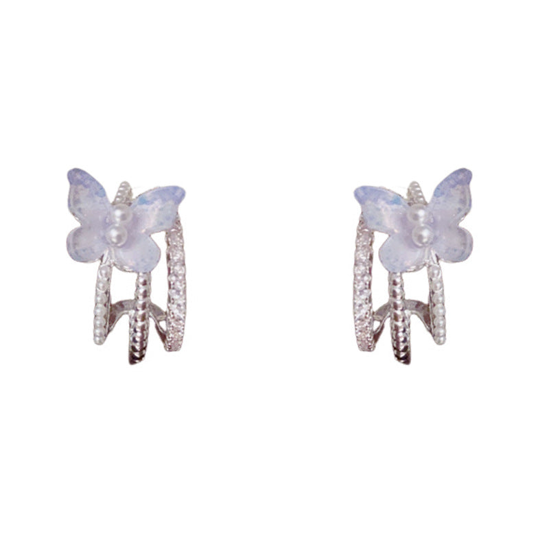 14K Gold Zircon & Pearl Purple Butterfly Hoop Earrings– Elegant Design