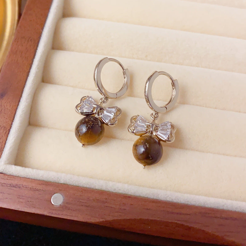 Elegant Zircon Bow Tiger’s Eye Drop Earrings – Retro Design