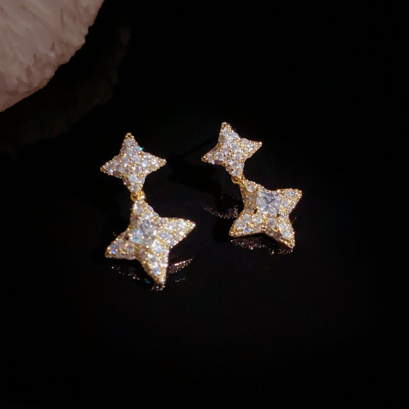 Luxury Full-Zircon Four-Point Star Drop Earrings – Elegant Design