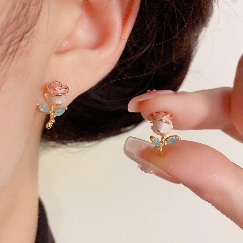 14K Gold-Plated Enamel Rose Stud Earrings – Elegant Floral Design