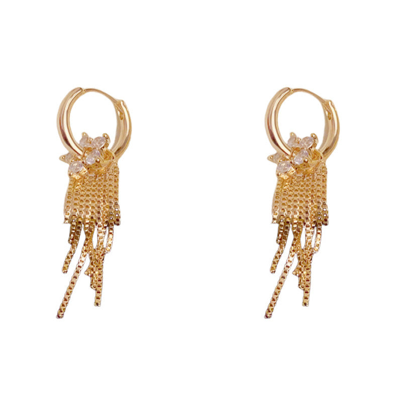 Luxury Zircon Petal & Metal Tassel Earrings – Silver Needle Geometric