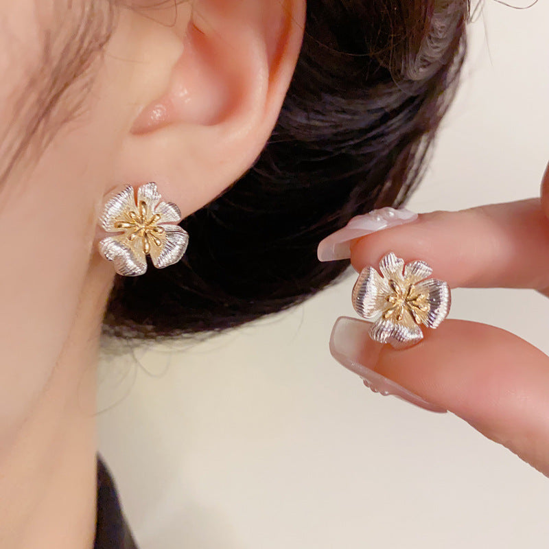 14K Gold-Plated Two-Tone Floral Stud Earrings – Chic & Minimalist