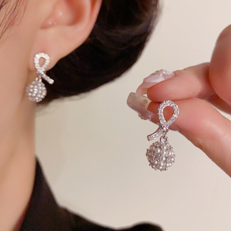 Luxury Zircon Knotted Pearl Ball Drop Earrings – Geometric Design