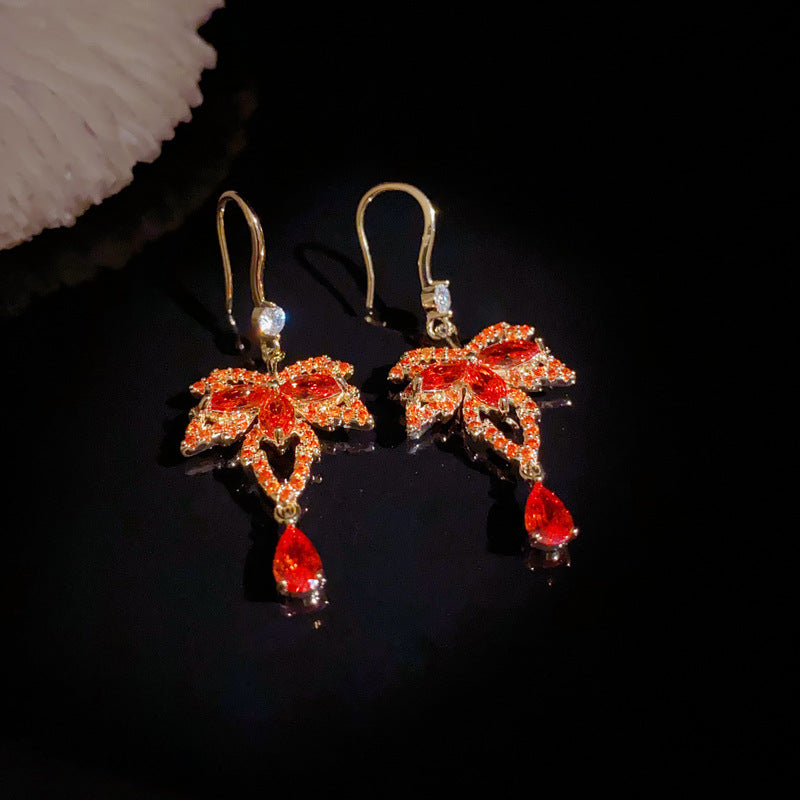Luxury Maple Leaf Teardrop Tassel Ear Hook Earrings – Elegant Design