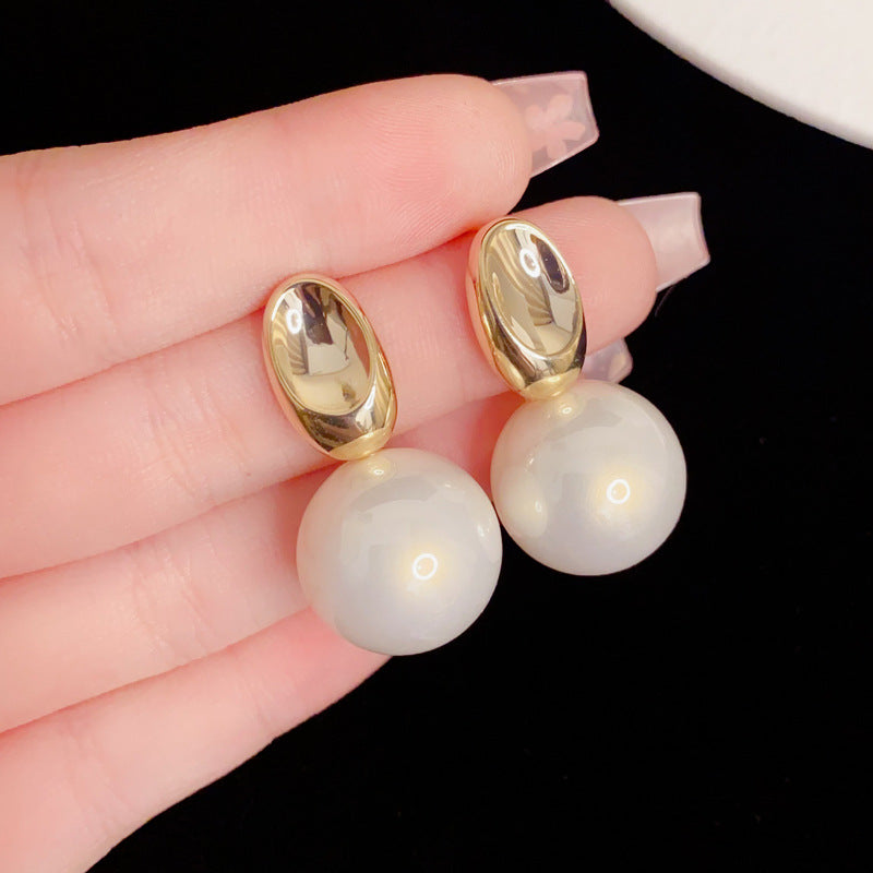 Eaioncol Metal Oval Large Pearl Drop Earrings Gold Silver