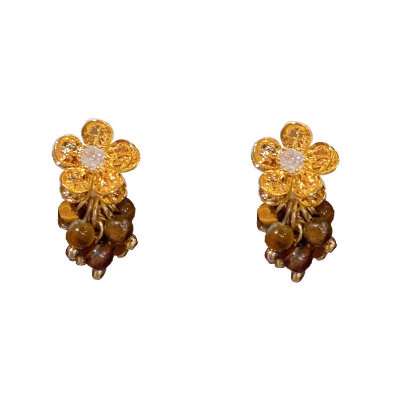 Elegant Tiger's Eye Flower Drop Earrings – Floral Design