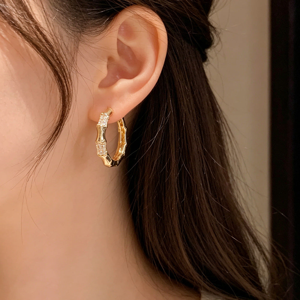 Eaioncol Vintage Bamboo CZ Hoop Earrings 14K Gold & Silver Plated