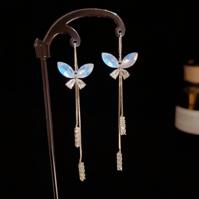 14K Gold-Plated Blue Butterfly Long Tassel Earrings – Elegant Design