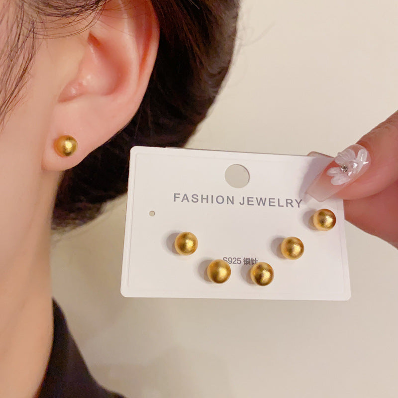 14K Gold Mesh Geometric Trio Stud Earrings - Chic Minimalist Design