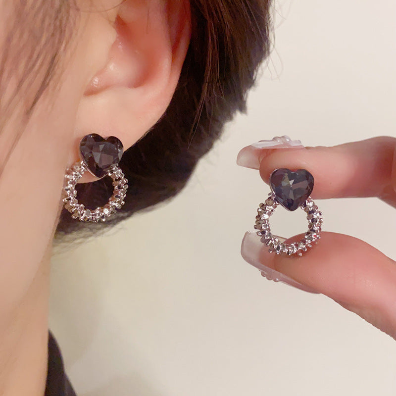 S925 Silver-Plated Black Heart Metal Circle Stud Earrings - French Design