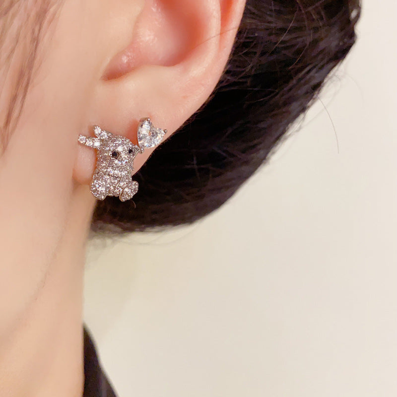 Luxury Zircon Rabbit & Heart Stud Earrings – Animal-Inspired Design
