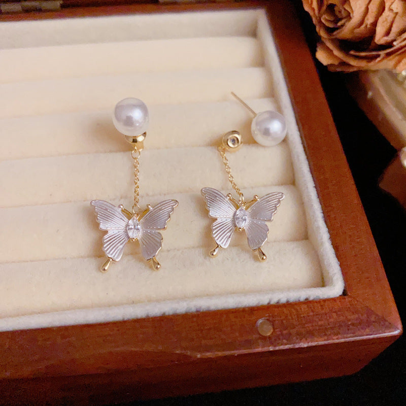 Pearl & Butterfly Tassel Front-Back Drop Earrings – S925 Silver Needle