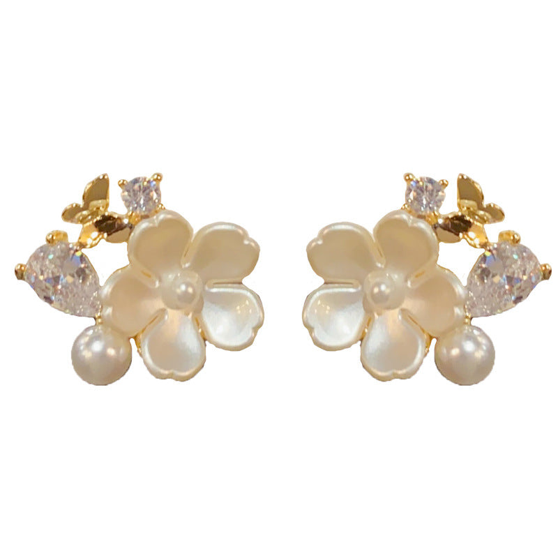 14K Gold-Plated White Flower Butterfly Stud Earrings – Elegant & Chic