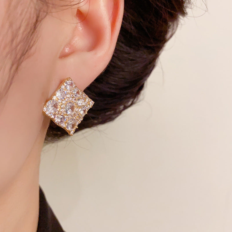 14K Gold Full Zircon Rhombus Stud Earrings- Chic Elegance Design