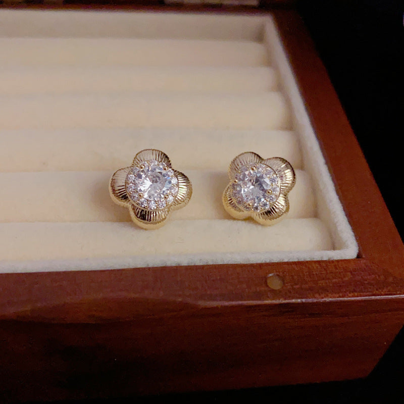 14K Gold-Plated Diamond-Encrusted 4-Leaf Stud Earrings- Elegant Design