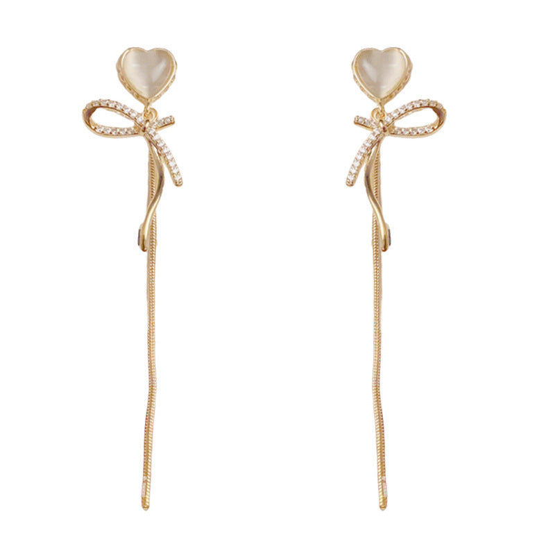 14K Gold Cats Eye Heart Bow Tassel Earrings – Elegant Long Drop Design