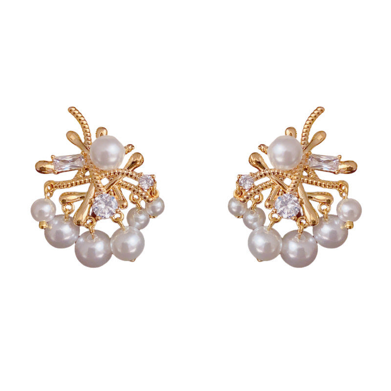 Elegant Zircon & Irregular Pearl Drop Earrings – Geometric Design