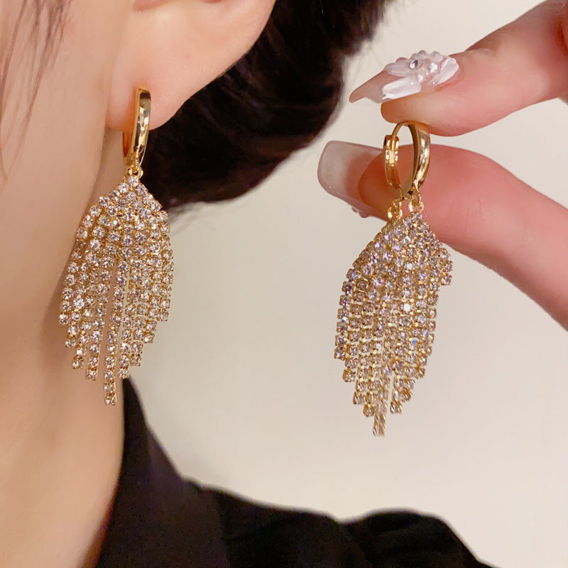 14K Gold-Plated Double Tassel Earrings - Full Diamond Design