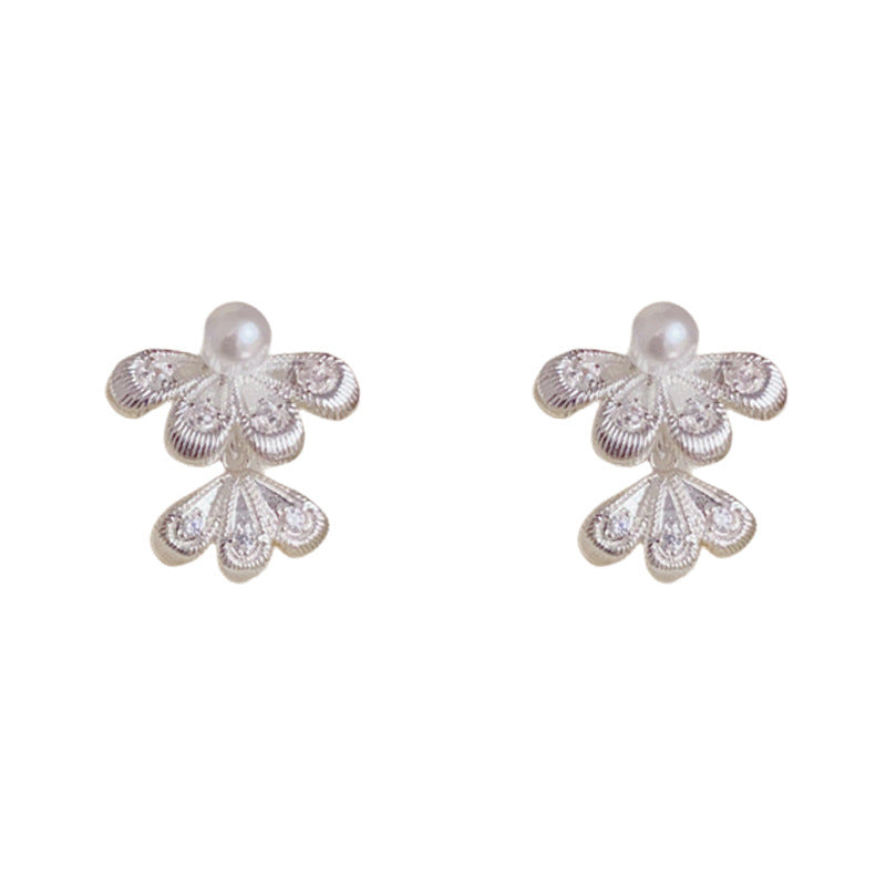 Elegant Pearl & Petal Drop Earrings – Silver Floral Design