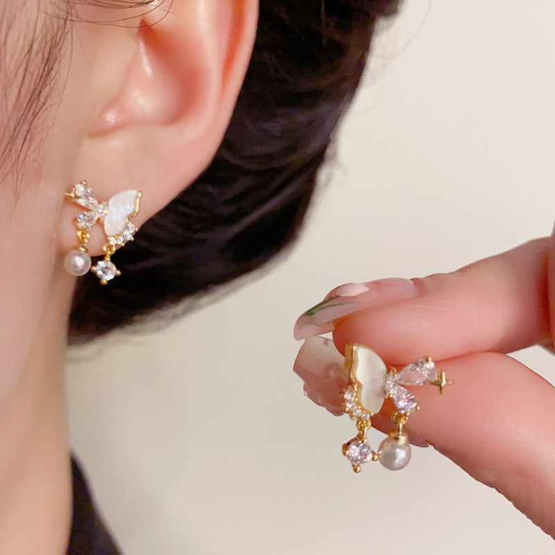 14K Gold-Plated Shell Butterfly Tassel Earrings– Elegant Dangle Design