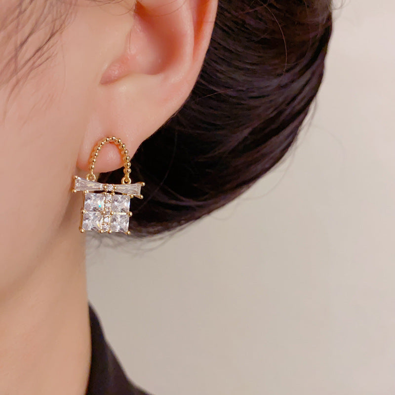 Luxury Full-Zircon Bow Handbag Drop Earrings – Geometric Design