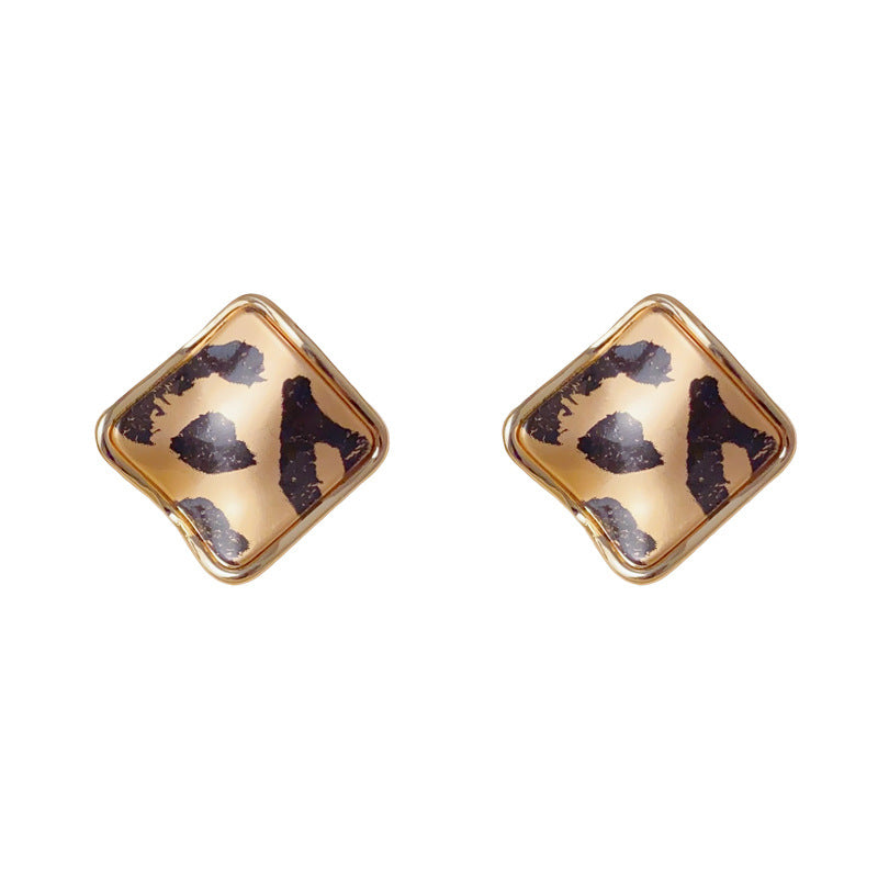 Luxury Irregular Leopard Square Stud Earrings – French Retro Design