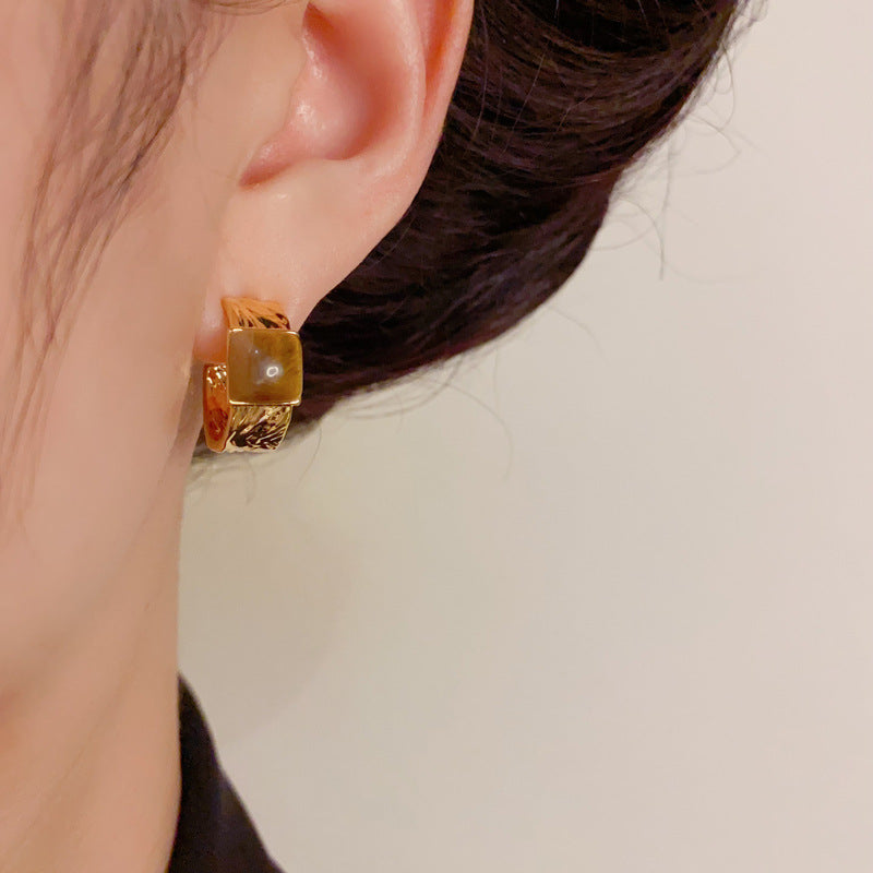 Elegant Tiger's Eye Square Hoop Gold Earrings – Geometric Design