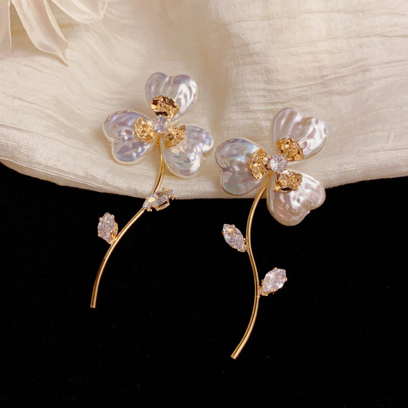Elegant Baroque Pearl & Flower Bouquet Drop Earrings – Floral Design