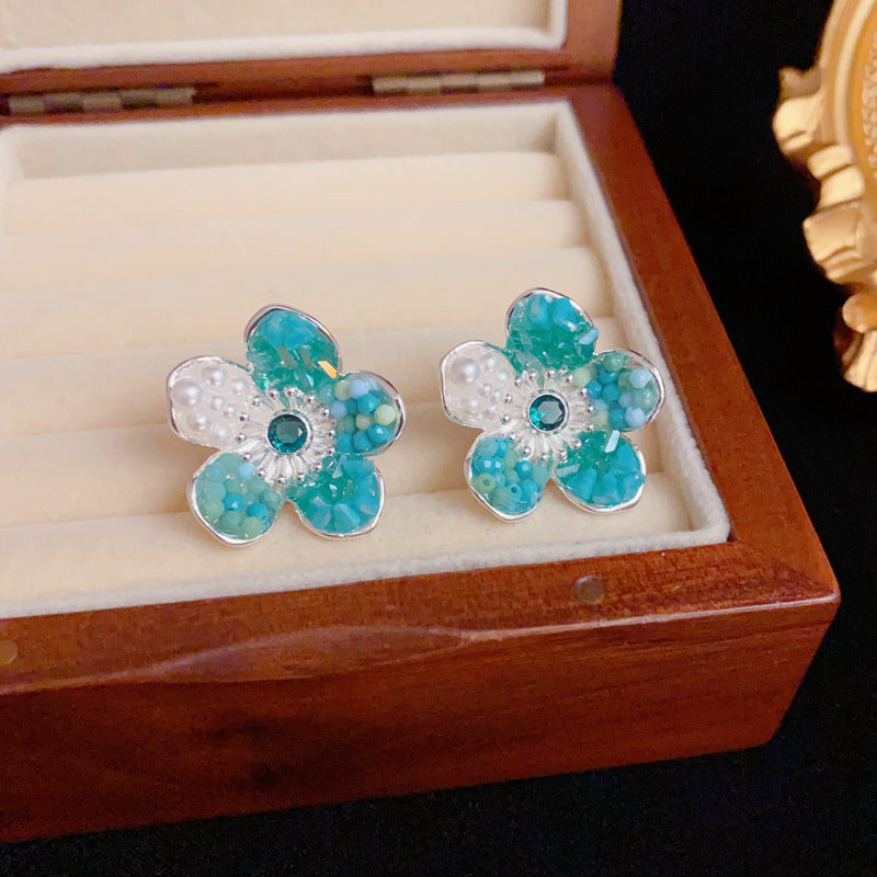 Elegant Colorblock Beaded Petal Stud Sliver Earrings – Floral Design