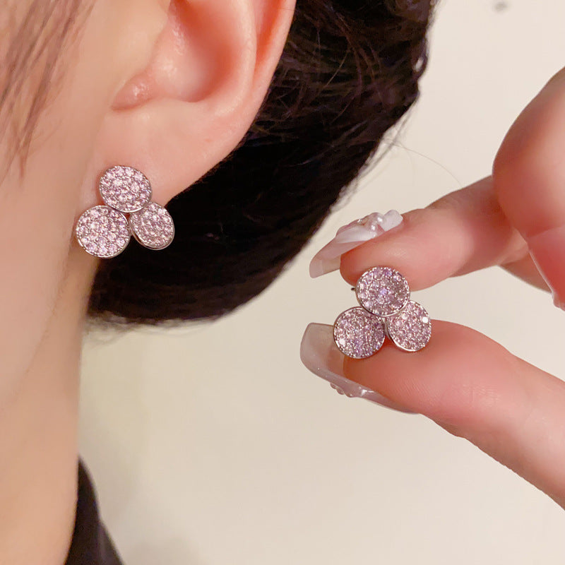 Luxury Zircon Purple Triple Round Stud Earrings – Geometric Design