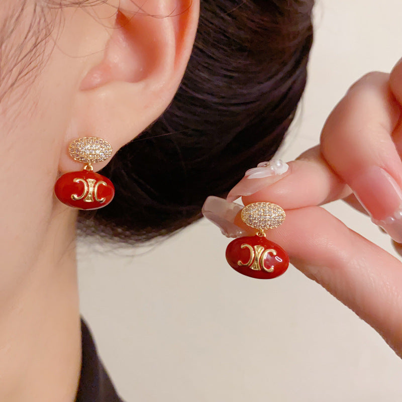 Luxury Red Zircon Arc De Triomphe Oval Drop Earrings – Elegant Design